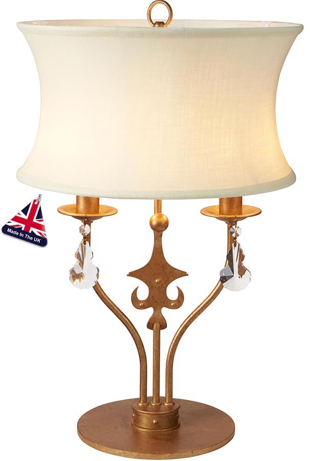 Elstead Windsor 2 Light Table Lamp Gold Patina Crystal Drops Shade