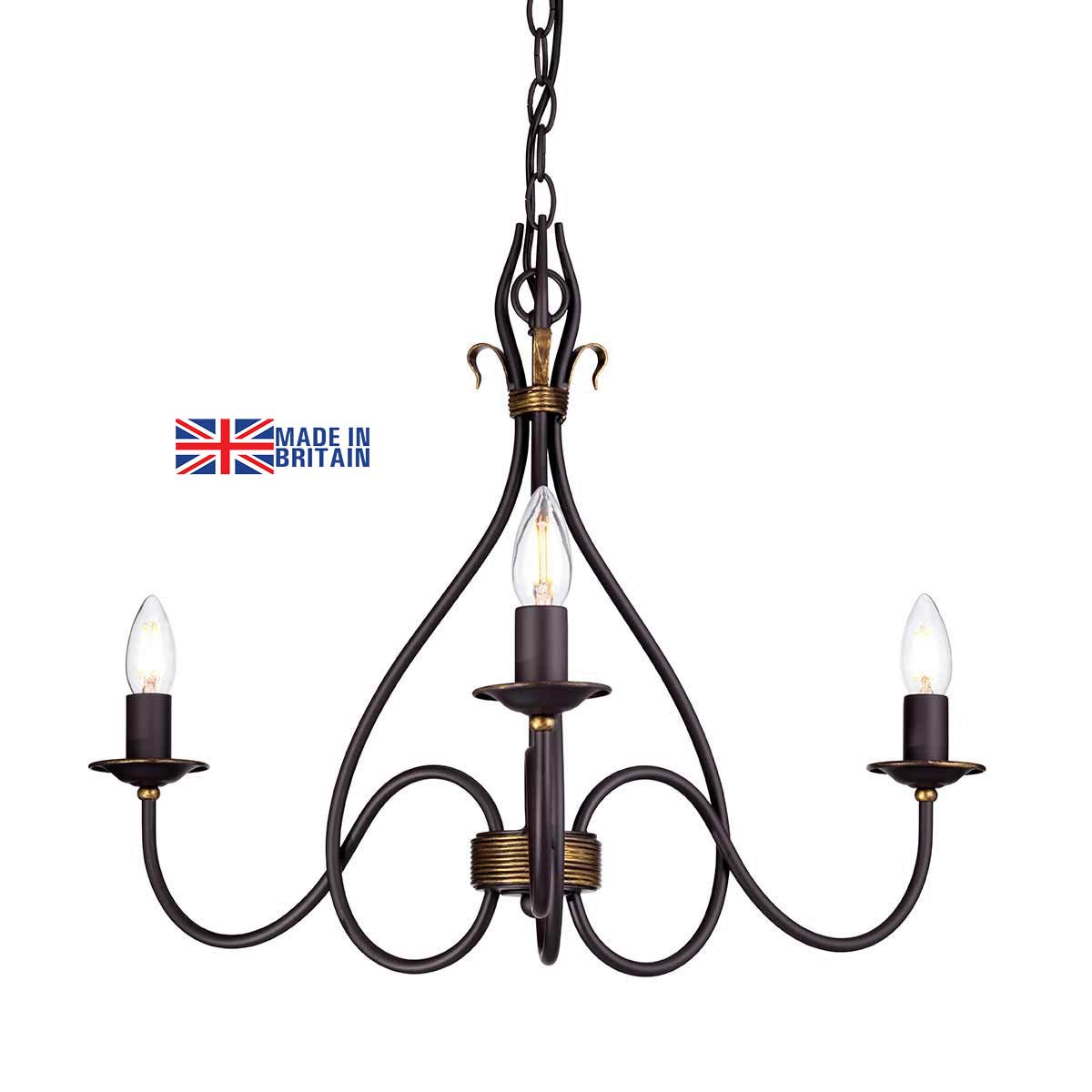 Windermere Wrought Iron Rust Gold 3 Light Chandelier