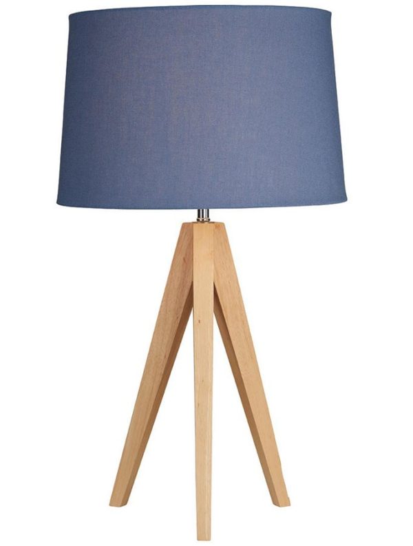 Small wooden tripod table lamp with denim blue shade