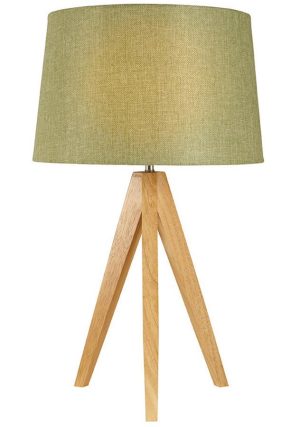 Small wooden tripod table lamp with olive green shade