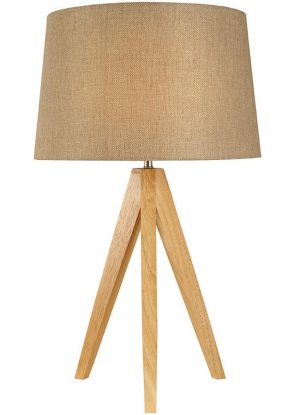 Small wooden tripod table lamp with taupe shade