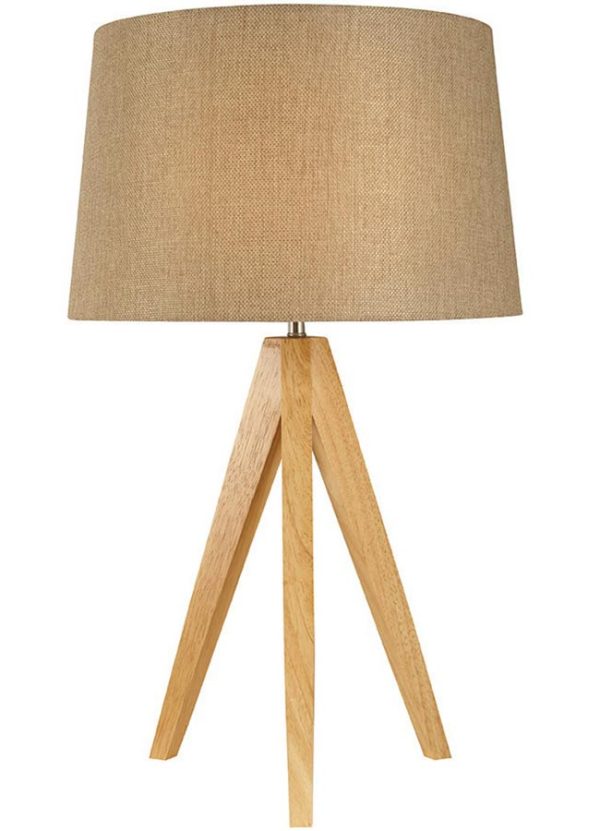 Small Wooden Tripod Table Lamp Taupe Hessian Shade