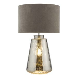 Wycliffe dual lit smoked glass table lamp with grey velvet shade on white background