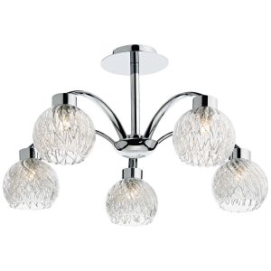 Yasmin 5 arm semi flush ceiling light in polished chrome on white background