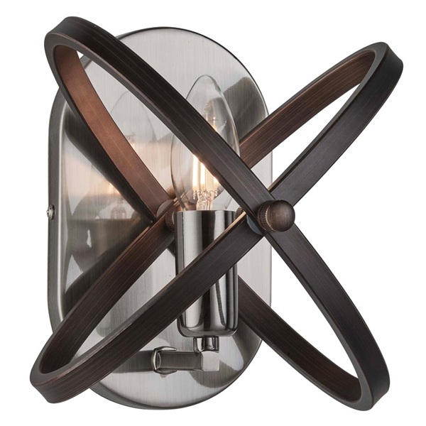 Hoopla wall light in brown and pewter on white background.