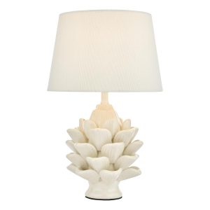 Zala ceramic artichoke small table lamp with cream glaze and white cotton shade on white background lit