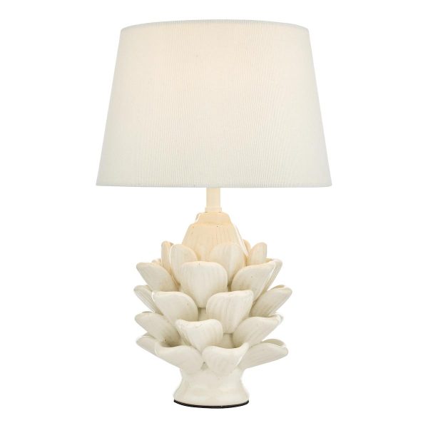 Zala ceramic artichoke small table lamp with cream glaze and white cotton shade on white background lit