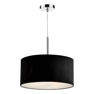 Zaragoza 40cm 3 light ceiling pendant with pleated black drum on white background
