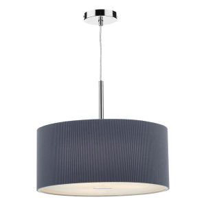 Zaragoza 60cm 3 light ceiling pendant with pleated grey drum shade on white background